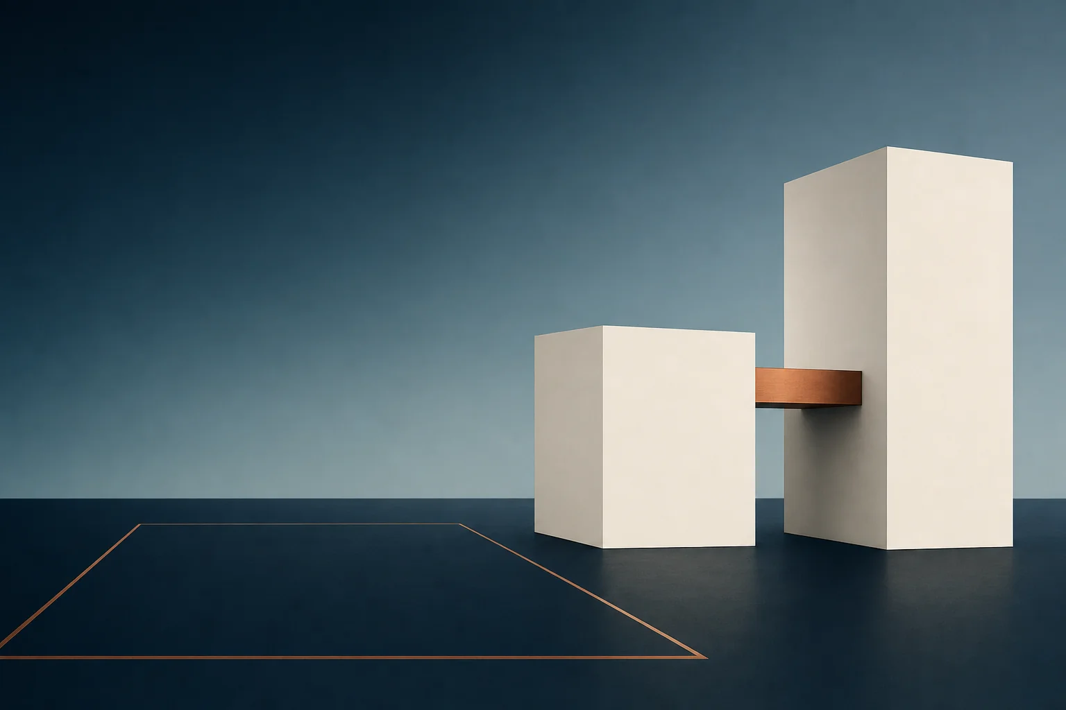 Two blank ivory industrial blocks of different heights joined by a low copper bridge, beside an empty graded plot on a navy ground plane
