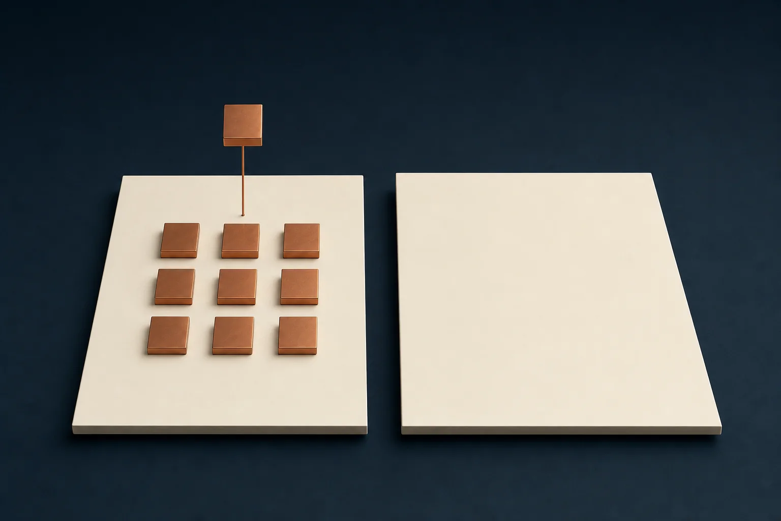 Two blank ivory panels on a dark navy surface, one carrying a three by three grid of copper squares with a tenth square raised above it on a fine pin