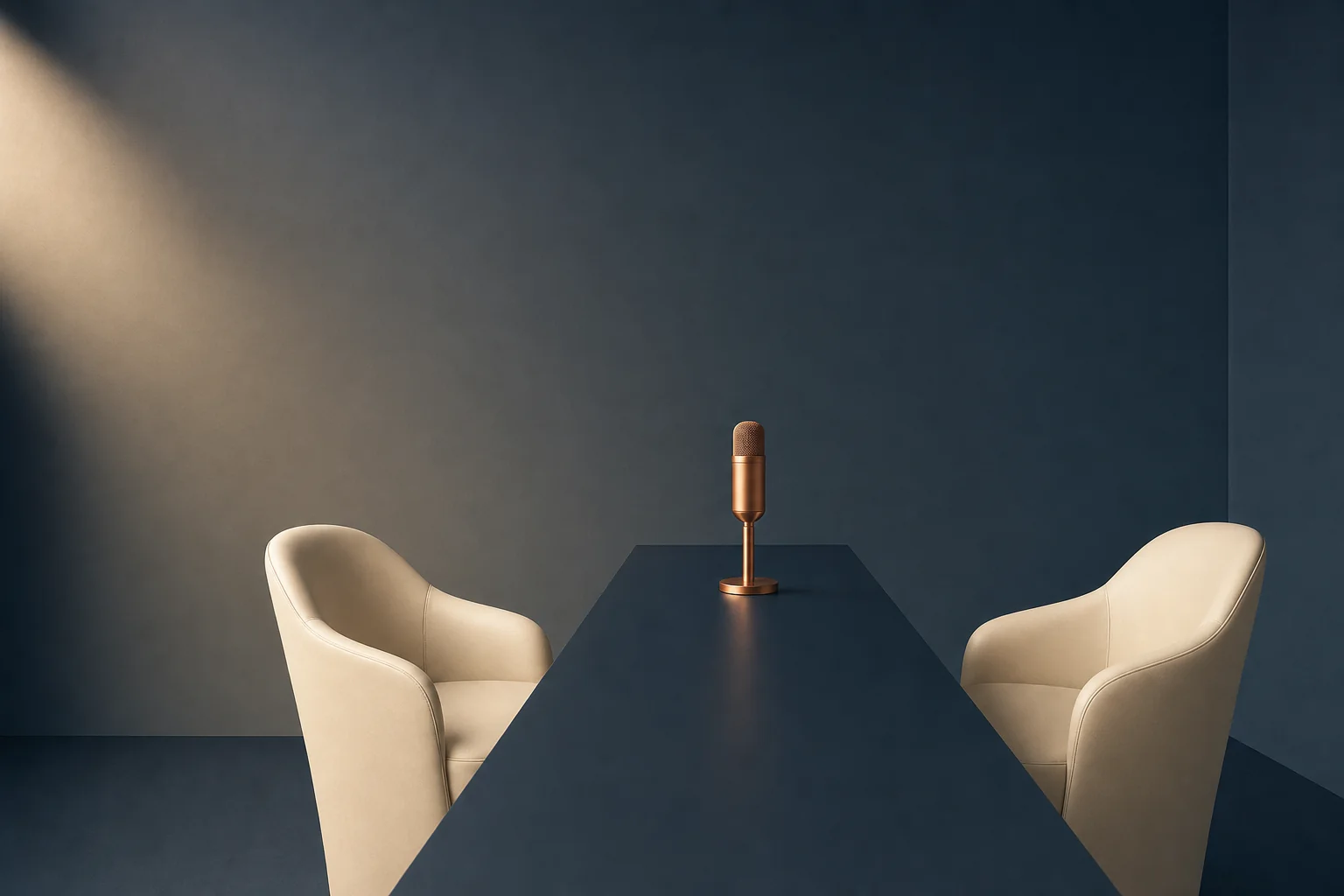 Two pale ivory armchairs facing each other across a long dark navy table with a single copper microphone standing at its centre