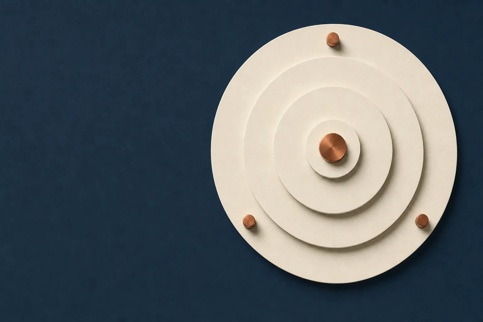 Four concentric ivory discs of decreasing size stacked on a midnight navy surface, with a copper disc at the center and three copper pegs set into the outermost disc