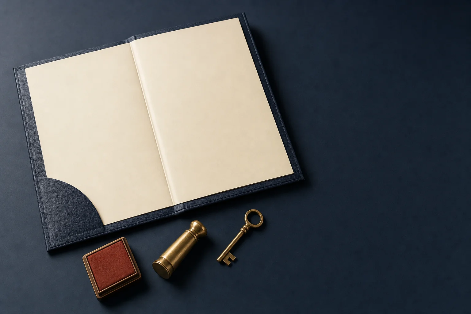An open blank ivory folio beside a seal ink pad, a brass stamp, and a key on a navy desk