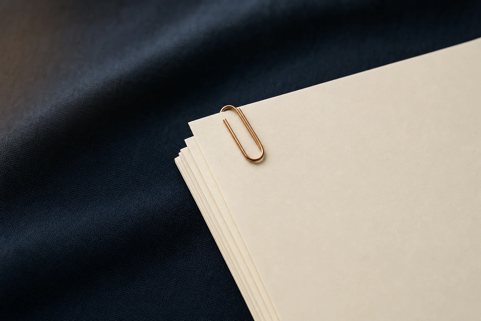 A stack of ivory paper sheets held by a copper paperclip on navy linen