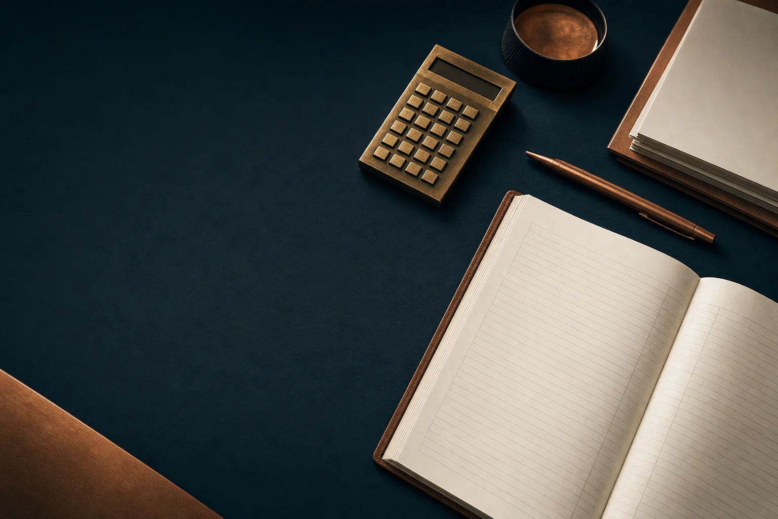 A planning desk with an open ledger, brass calculator, and copper pen on navy