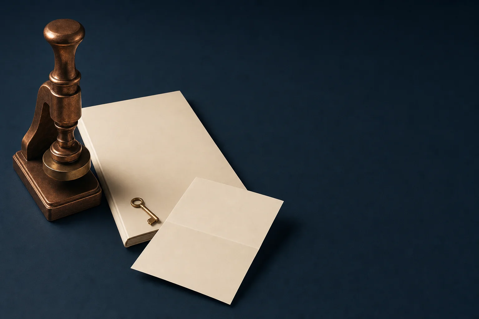 A copper embossing seal press beside a blank ivory folder, a folded sheet, and a brass key on a navy desk