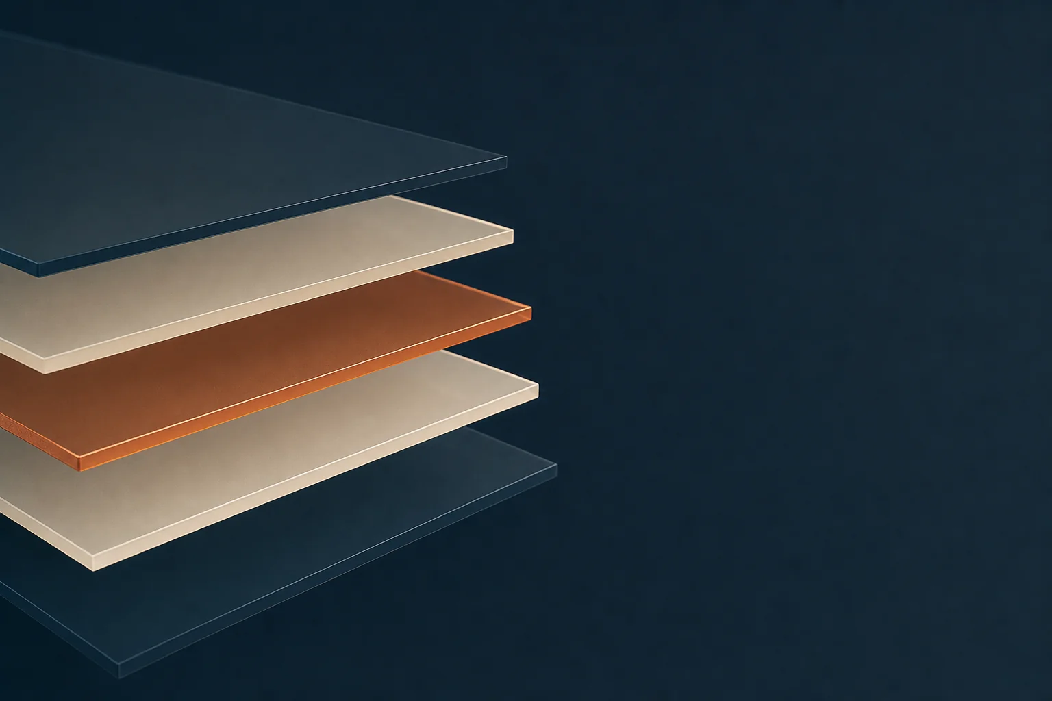 Five stacked translucent panes in navy, ivory, and copper, forming one layered stack