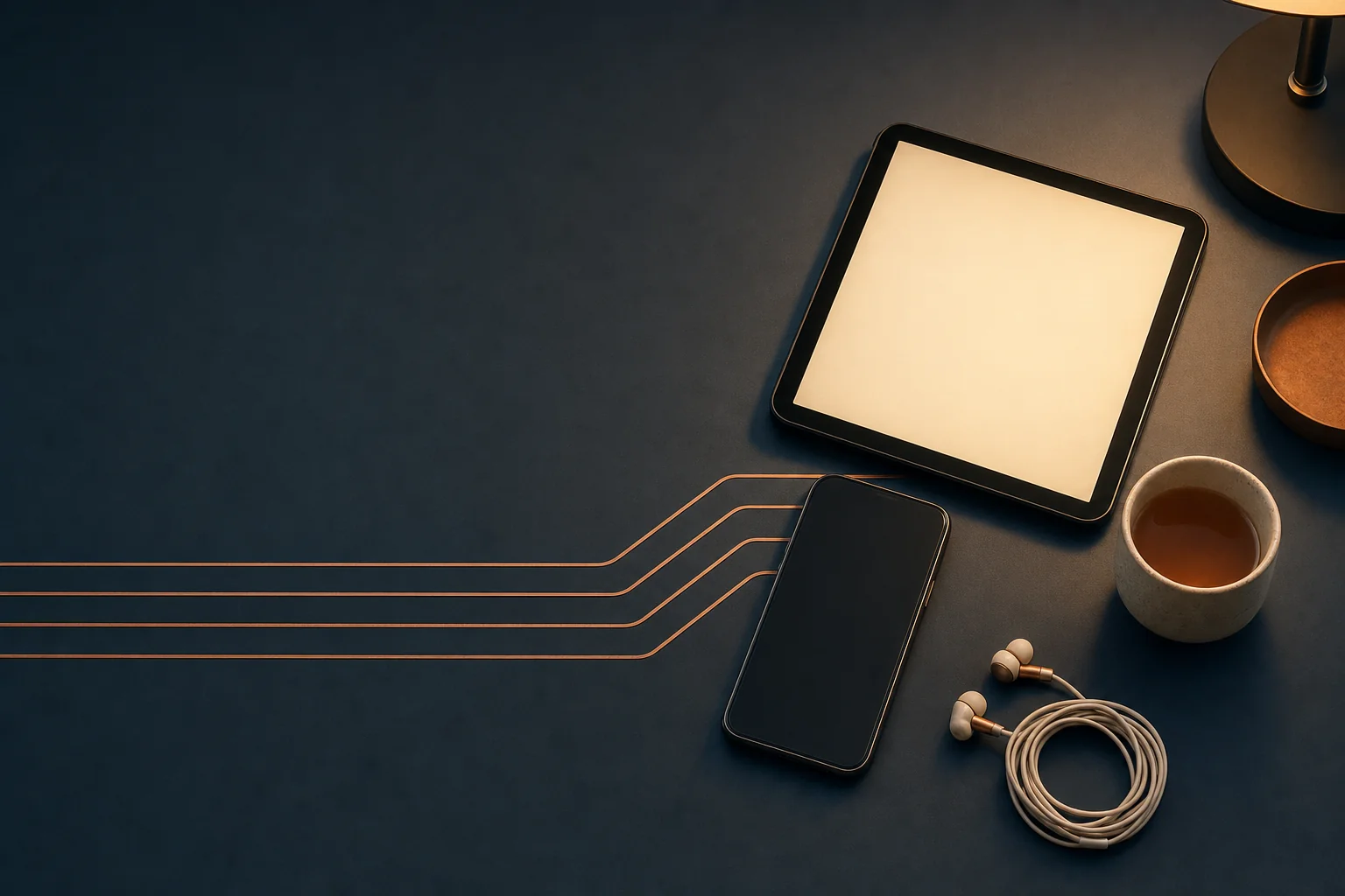 A smartphone and tablet with blank screens on a navy desk, five copper lines running toward them like converging channels
