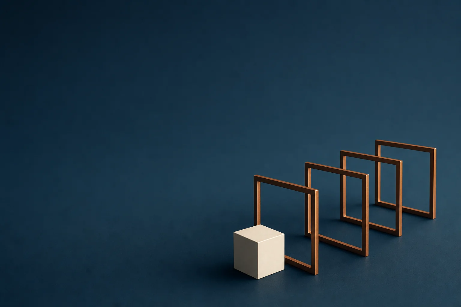 Four thin copper square frames standing in a receding row on a navy surface, with a plain ivory cube in front of the first frame