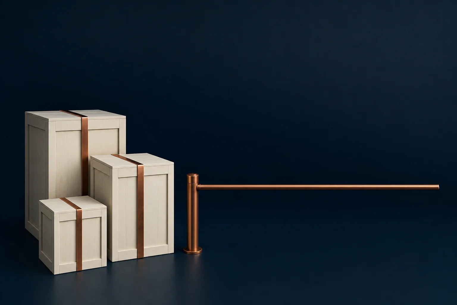 Three unmarked ivory crates bound with copper straps stand beside a lowered copper boom barrier on a navy floor