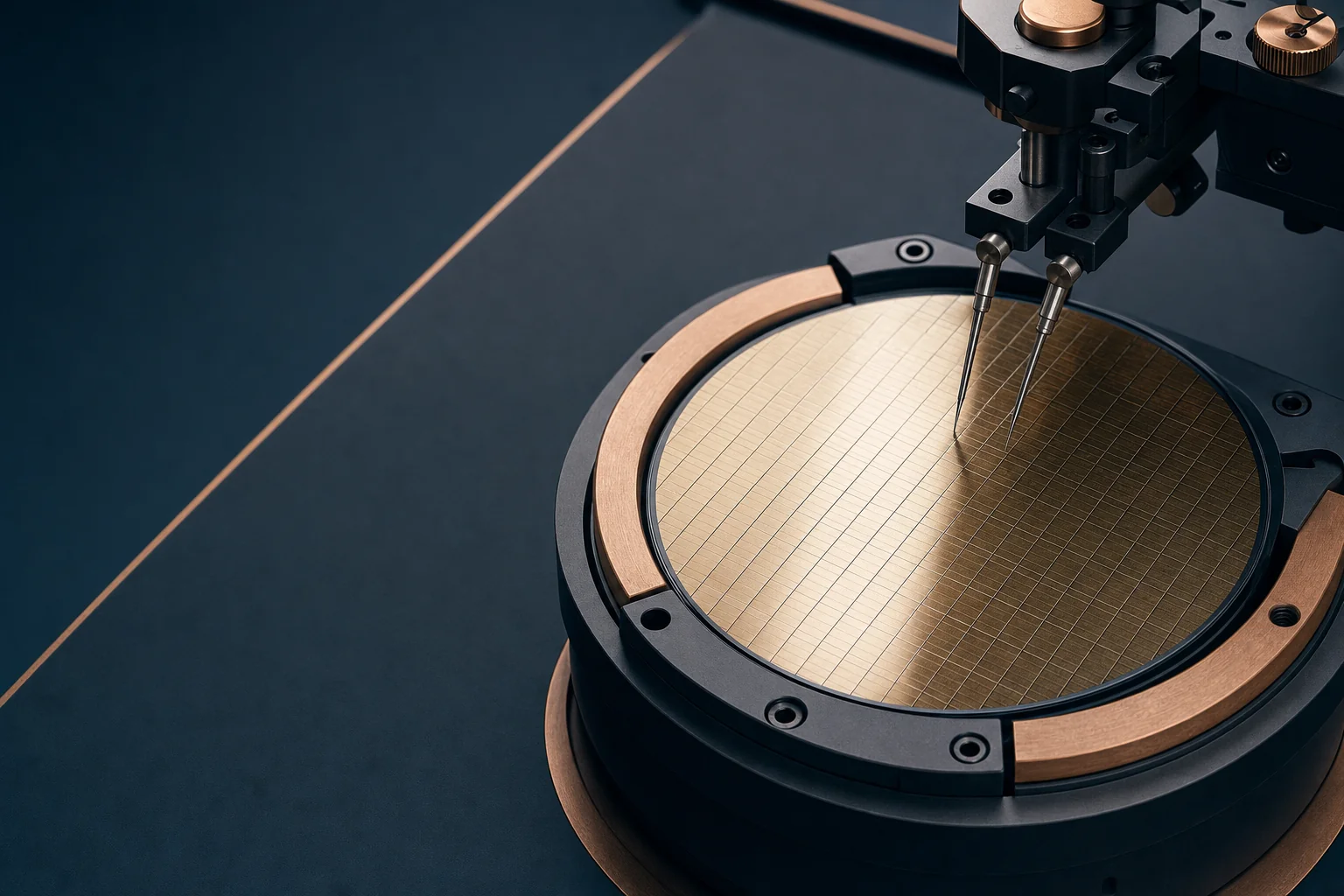 A silicon wafer held in a metrology fixture with probes at its edge