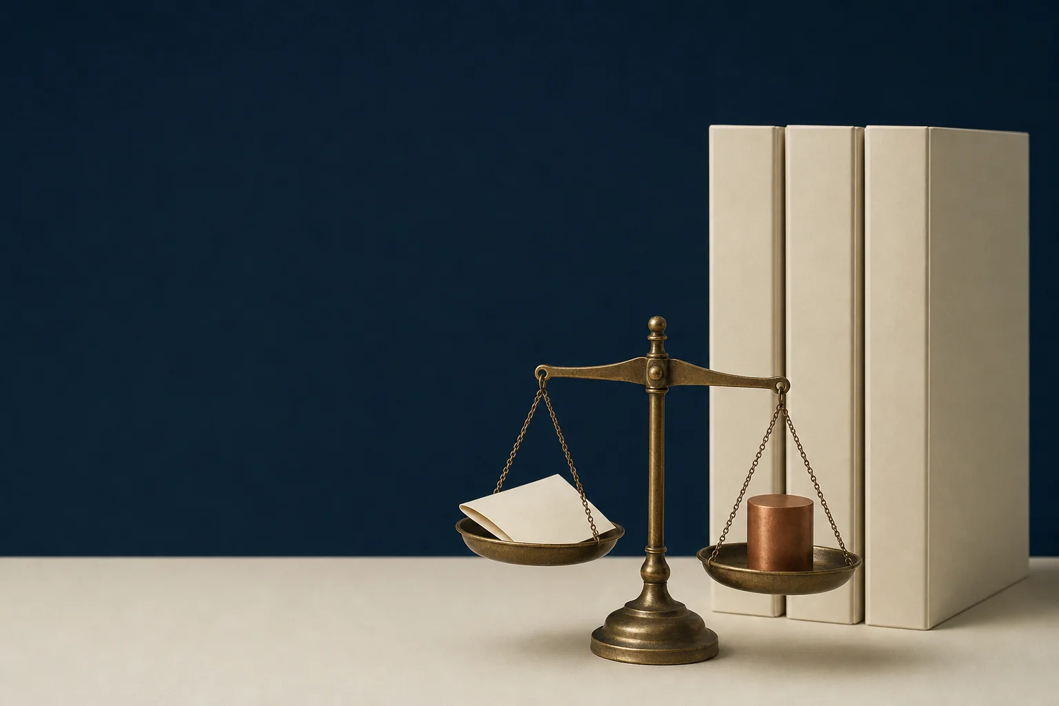 A brass balance scale weighing a folded blank paper against a solid copper cylinder beside three plain ivory volumes