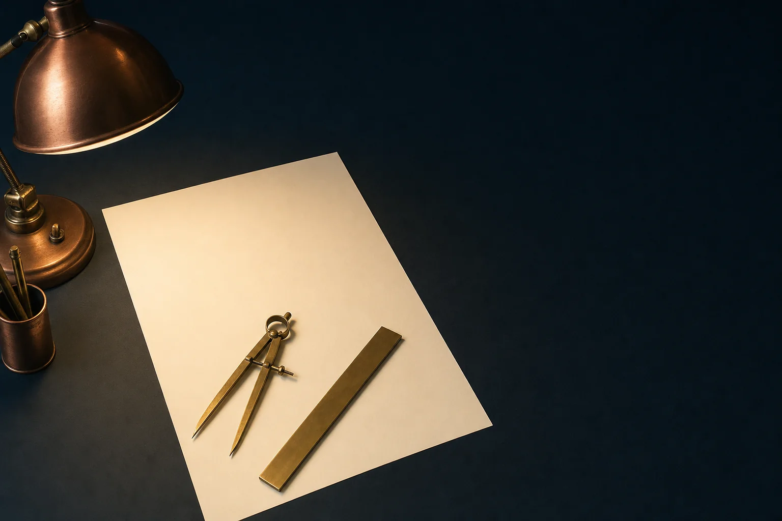 Brass dividers and a plain brass straightedge resting on a blank ivory sheet on a navy desk beside a copper lamp
