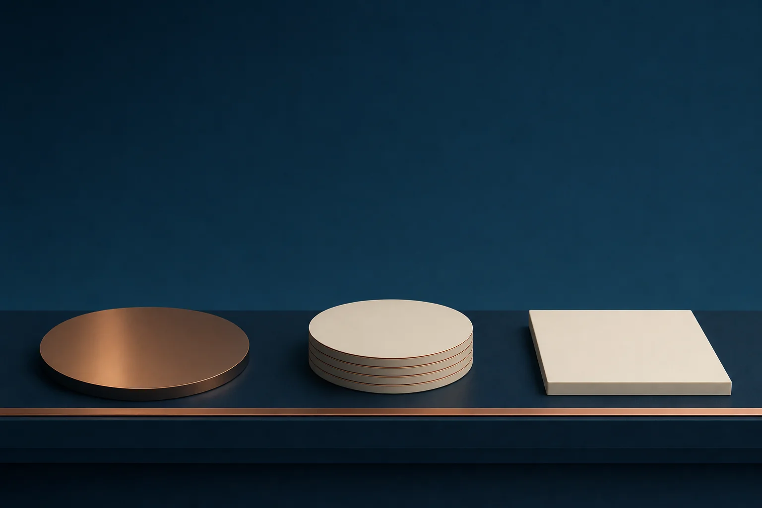 A navy workbench with a copper rail holding a flat copper disc, a short stack of ivory discs, and a square ivory slab