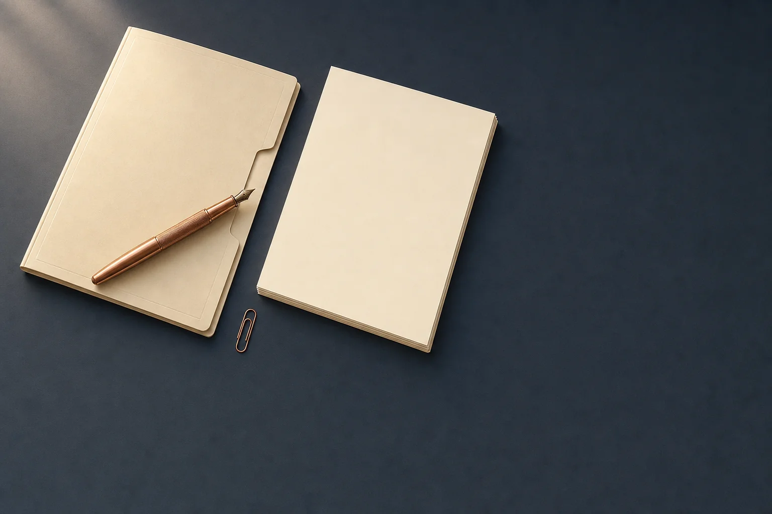 A closed ivory document folder with a copper fountain pen, a stack of blank paper, and a paperclip on a navy desk