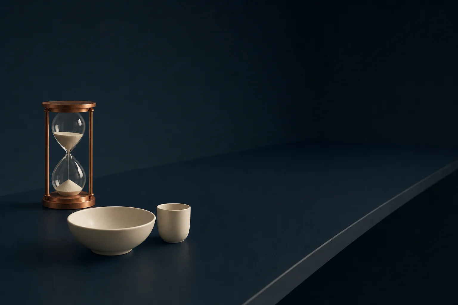 A single ivory bowl and one plain cup at the near end of a long bare navy table beside an upright copper hourglass