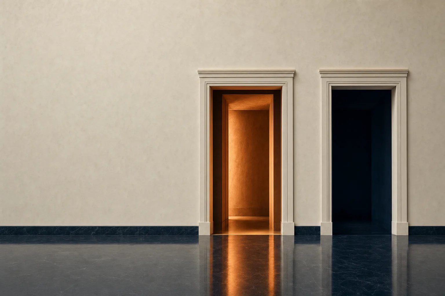 Two matching ivory doorways set into a navy wall, one lit in copper