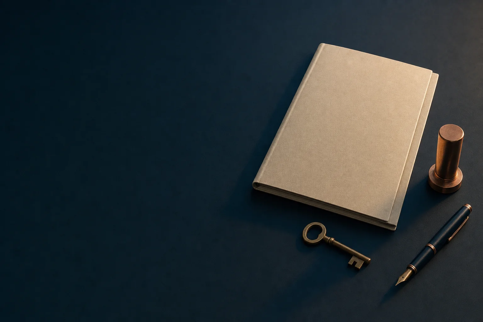 An ivory dossier, a copper corporate seal, and a brass key arranged on a navy desk