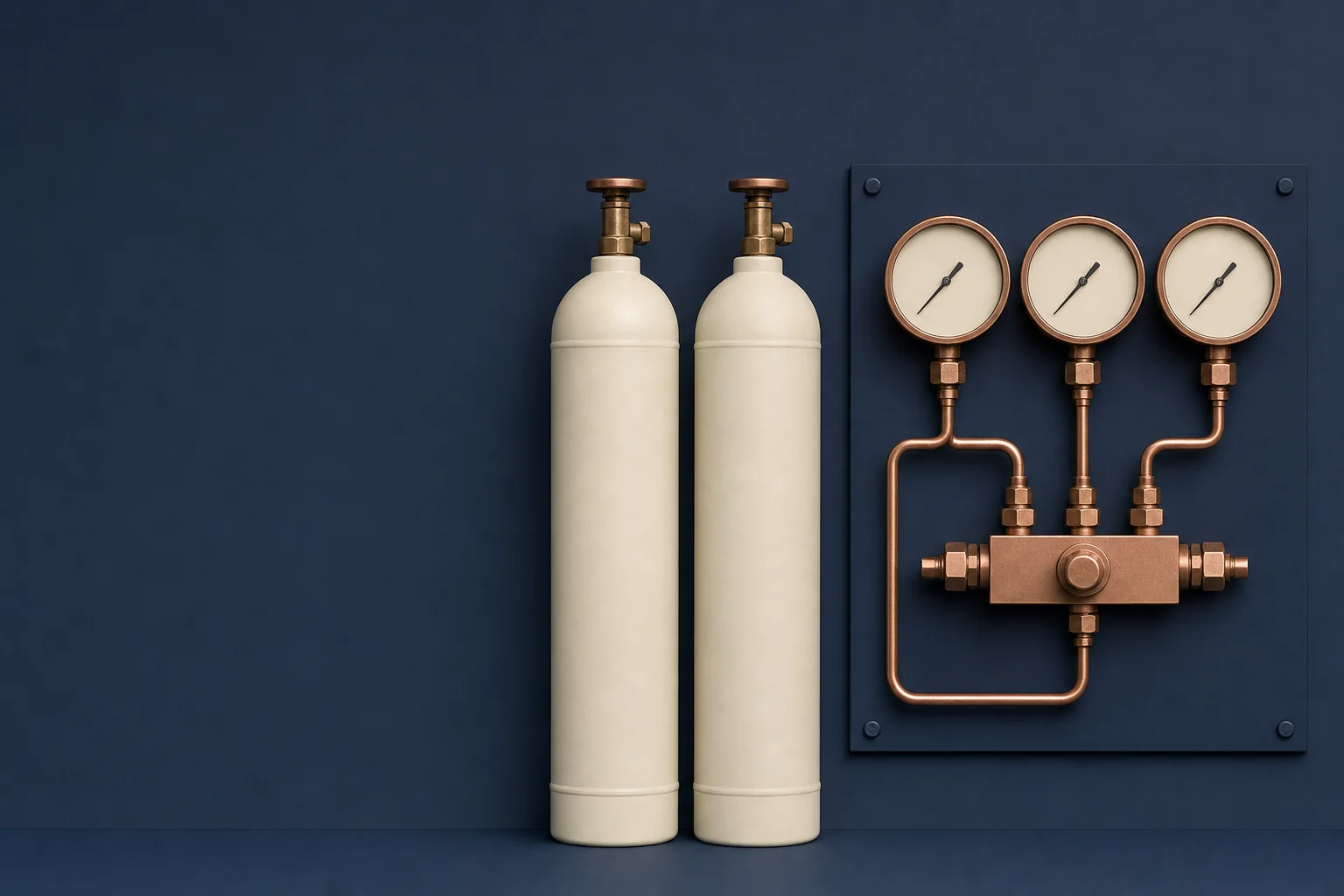 Two ivory high-pressure gas vessels beside a copper valve manifold and pressure gauges mounted on a navy panel