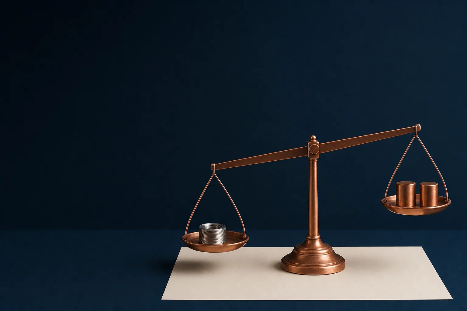 A copper beam balance on a navy surface holding a small tightly wound metal coil on one pan and two plain copper weights on the other, above a blank ivory sheet