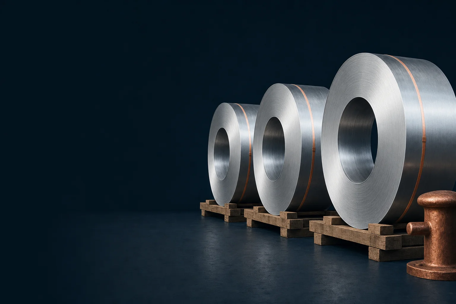 Three aluminum coils banded with copper strapping on timber skids on a dark quay floor beside a copper mooring bollard.