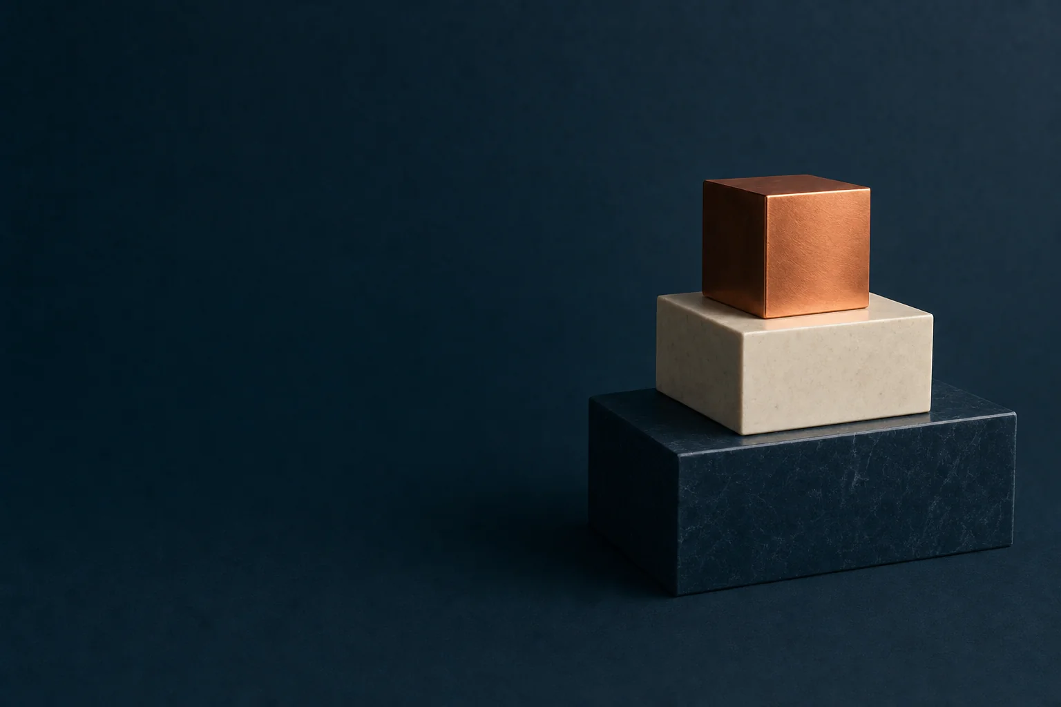 Three stacked blocks on a navy surface: a wide navy stone base, a narrower ivory stone block, and a copper cube on top