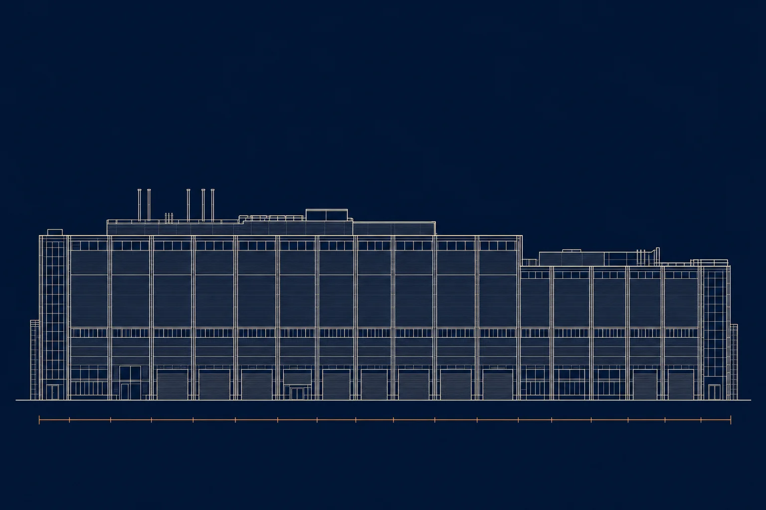 A flat architectural elevation of a semiconductor fabrication building drawn in pale line work on a navy ground, with a copper dimension rule along its base