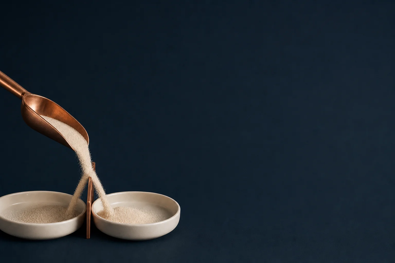 A thin stream of ivory sand pouring from a copper scoop onto a copper divider and splitting into two blank ivory dishes on a navy surface