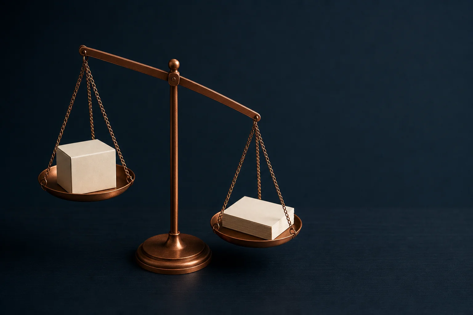A copper beam balance holding an unmarked ivory carton on one pan and a stack of blank ivory cards on the other