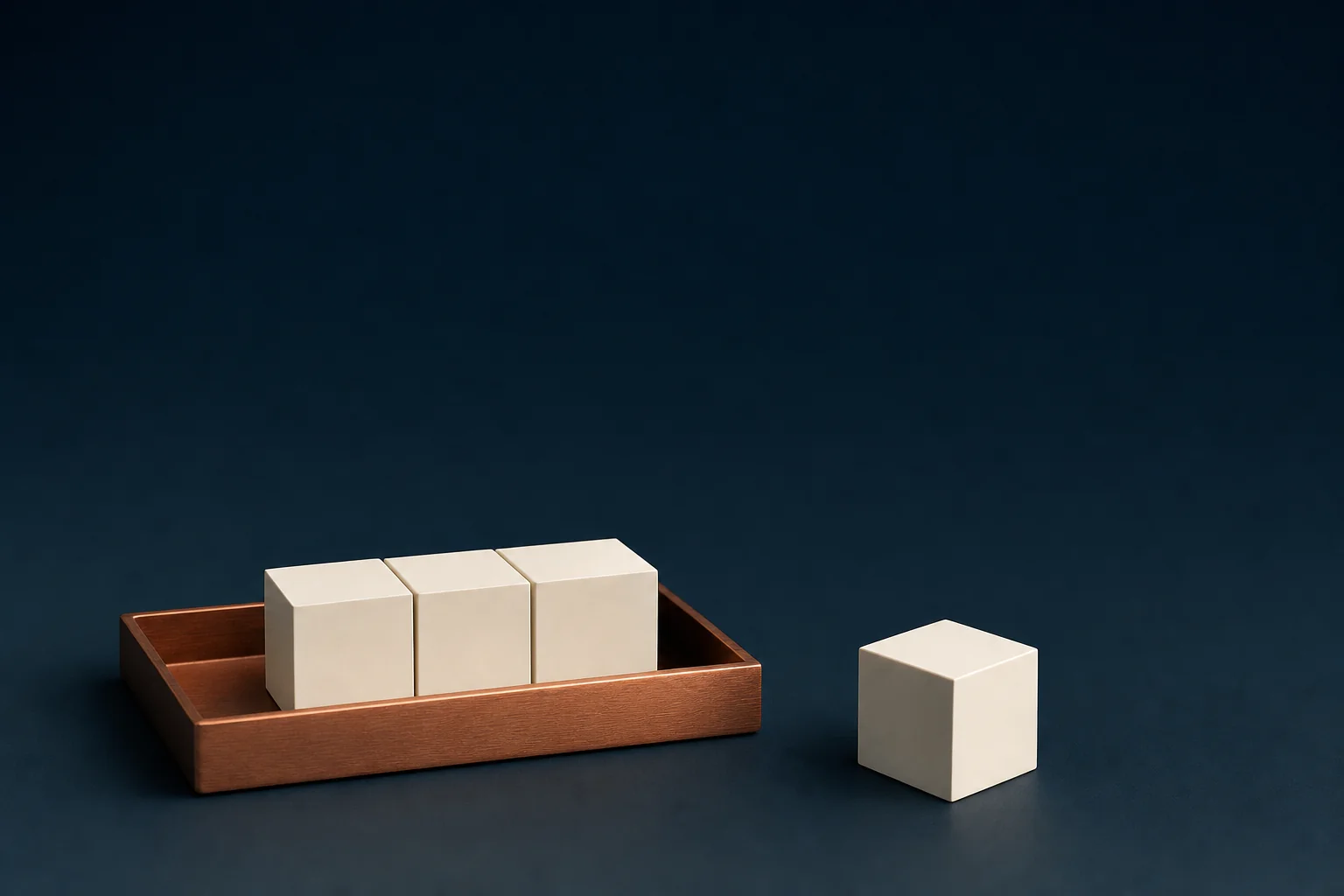A copper tray holding three identical ivory cubes on a navy floor, with a fourth identical cube standing apart beside the tray