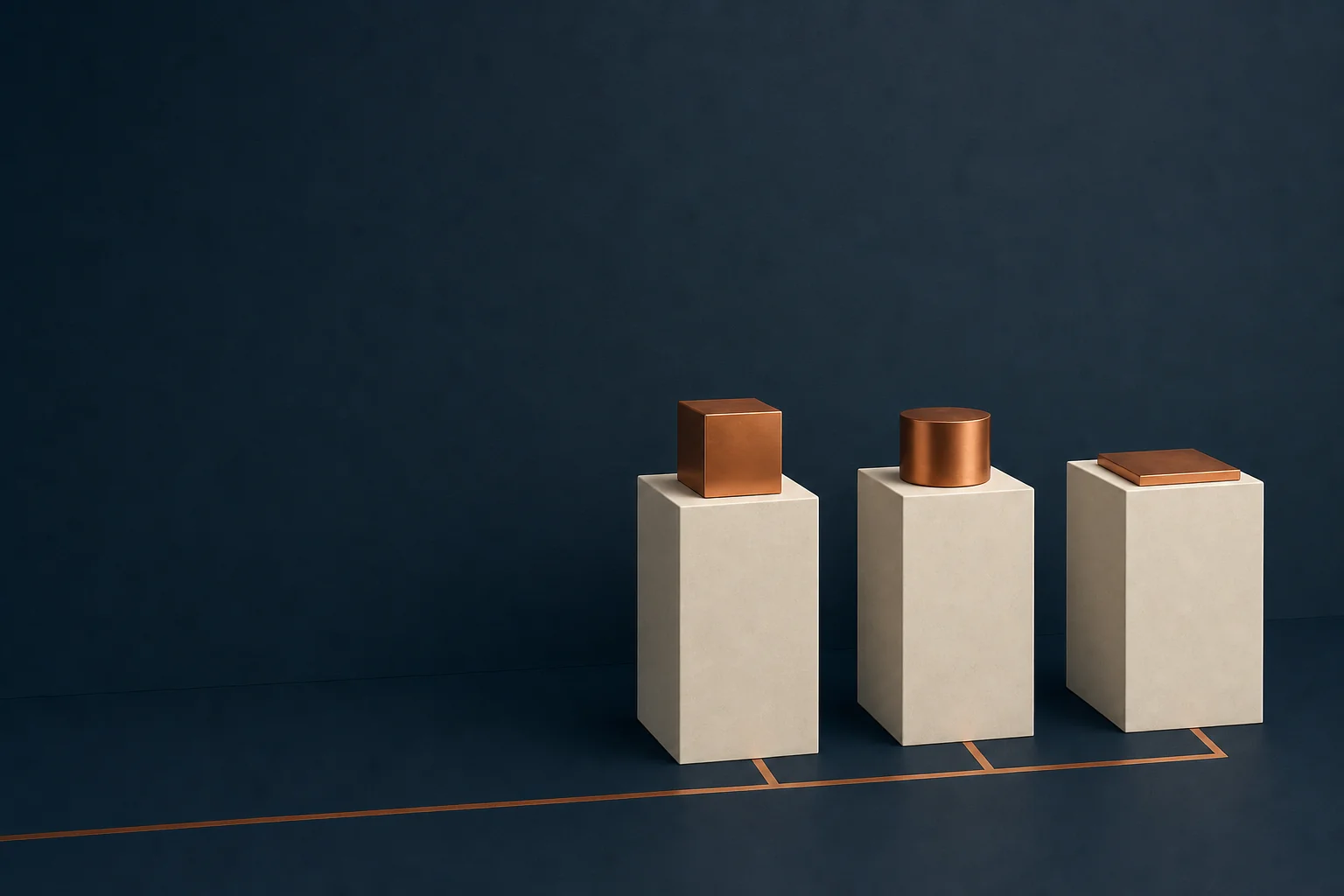 Three ivory plinths on a navy floor hold a copper cube, a copper cylinder and a flat copper plate, joined by one copper line inlaid in the floor