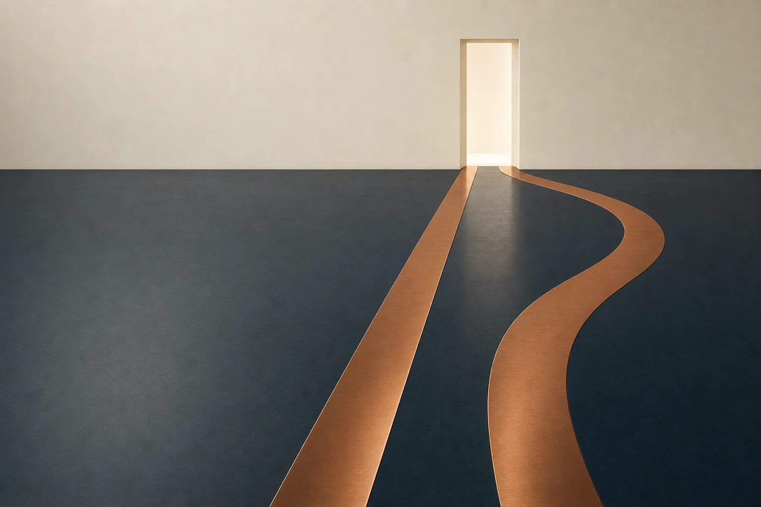 Two broad copper paths crossing a dark navy floor, one running straight and one curving, both arriving at the same lit ivory doorway