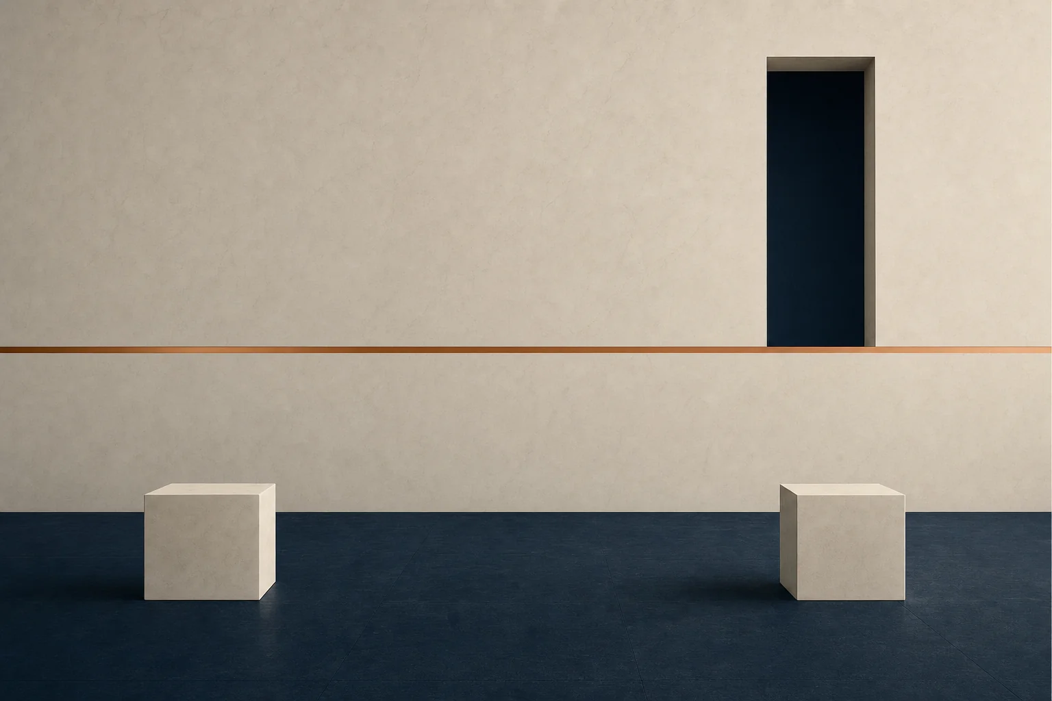 A slim copper line running the width of a plain ivory wall, a tall dark doorway whose lower edge meets that line, and two ivory cubes on the navy floor below it