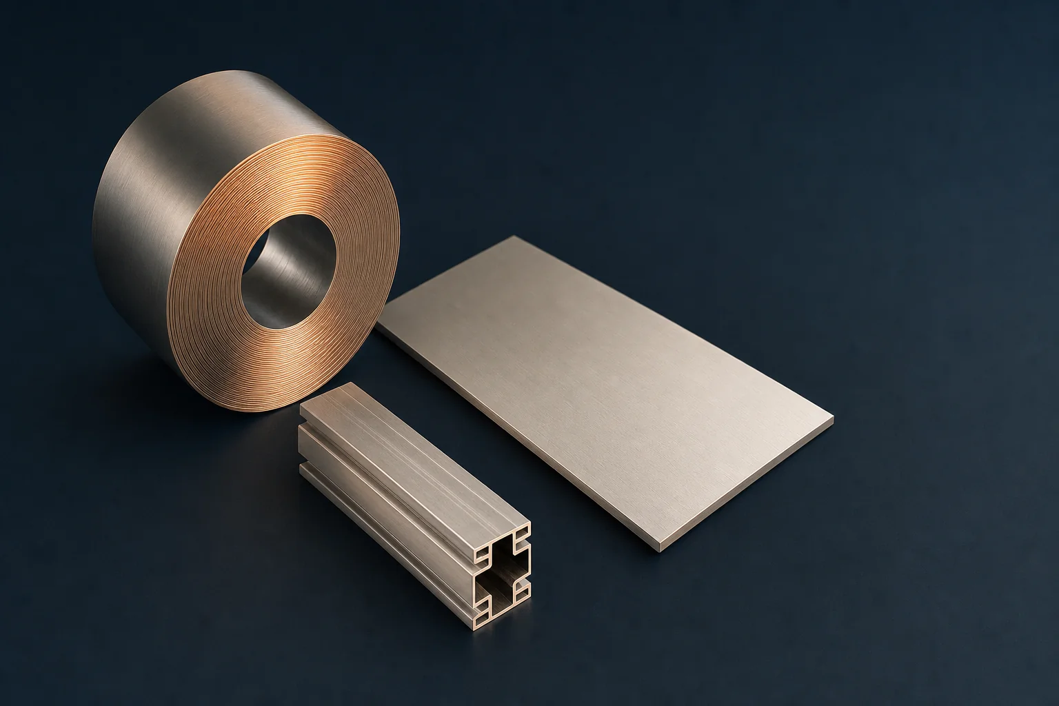 A roll of thin aluminum foil, a flat panel and a short extruded profile arranged on a dark navy surface