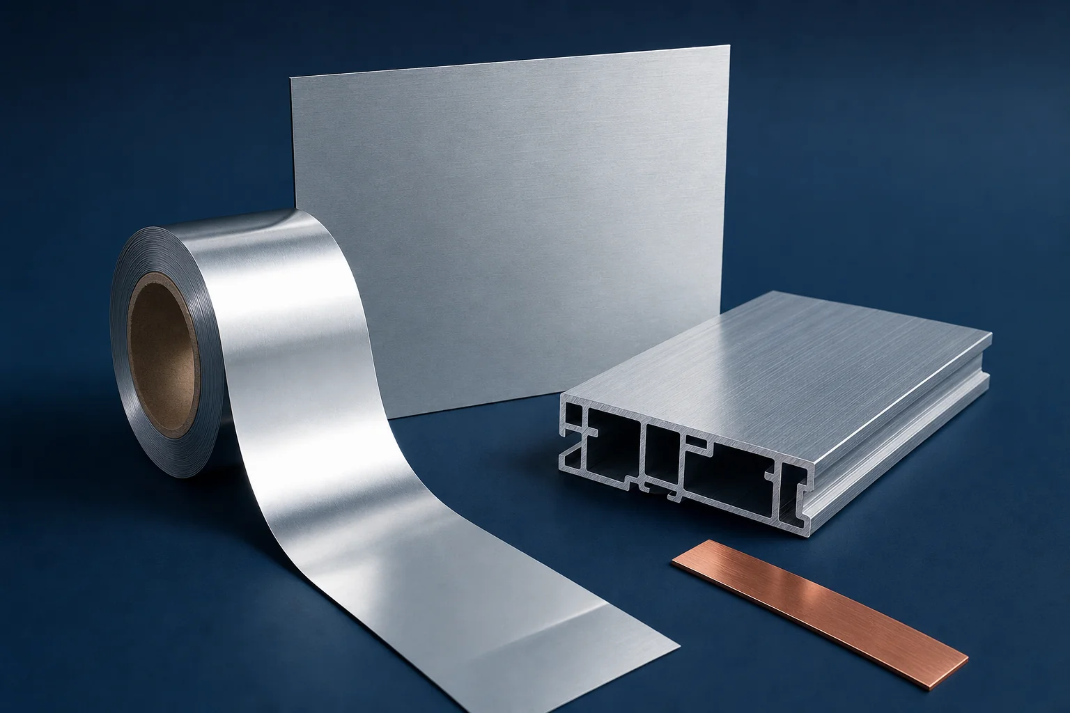 A roll of ultra thin aluminum cathode foil standing beside a flat aluminum battery enclosure panel and a short extruded profile.