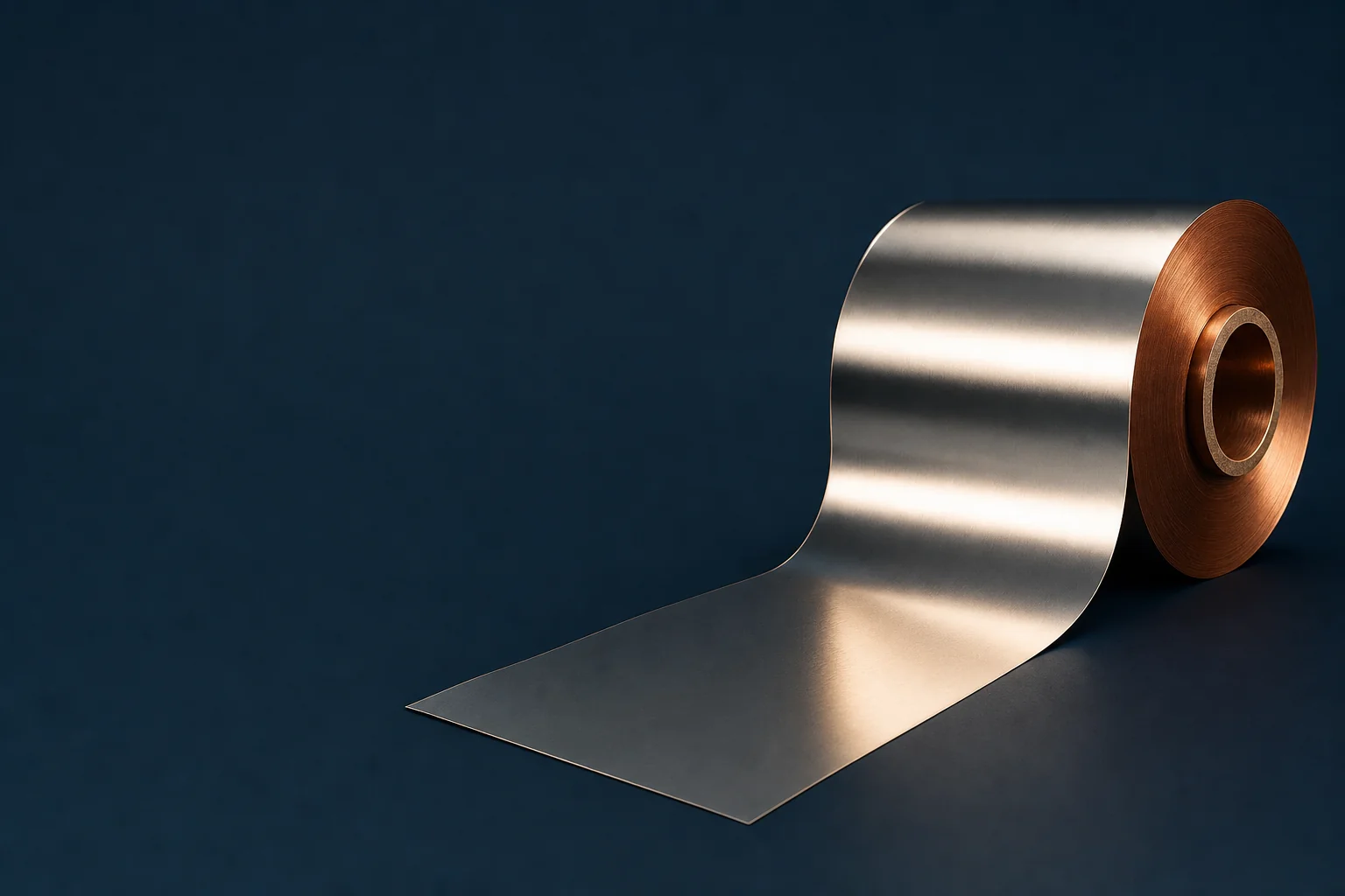A wide sheet of thin aluminum foil unrolling from a copper-cored spool on a navy surface