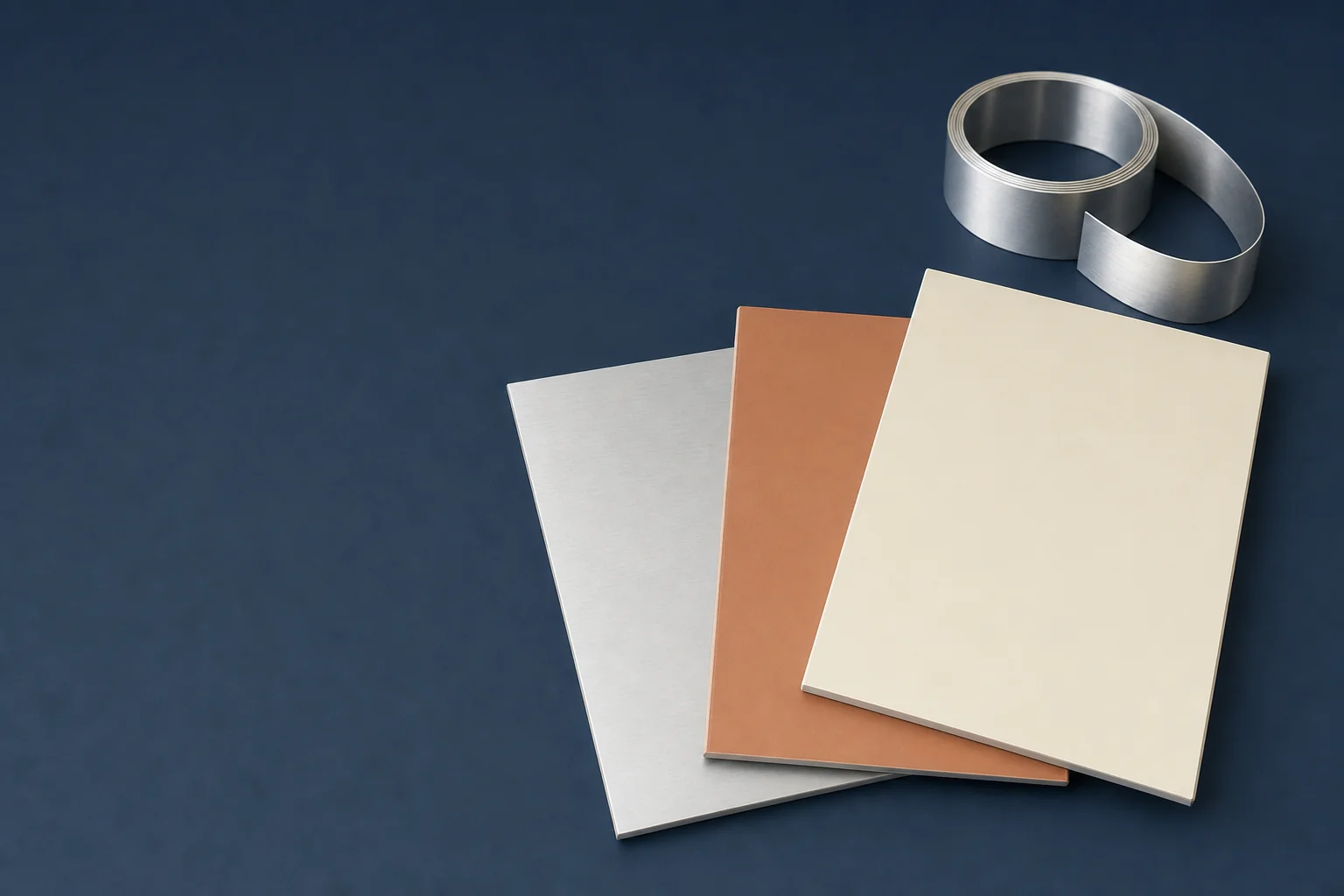 Three aluminum panels fanned out showing a mill finish face, a copper coated face, and an ivory coated face, beside a small roll of strip