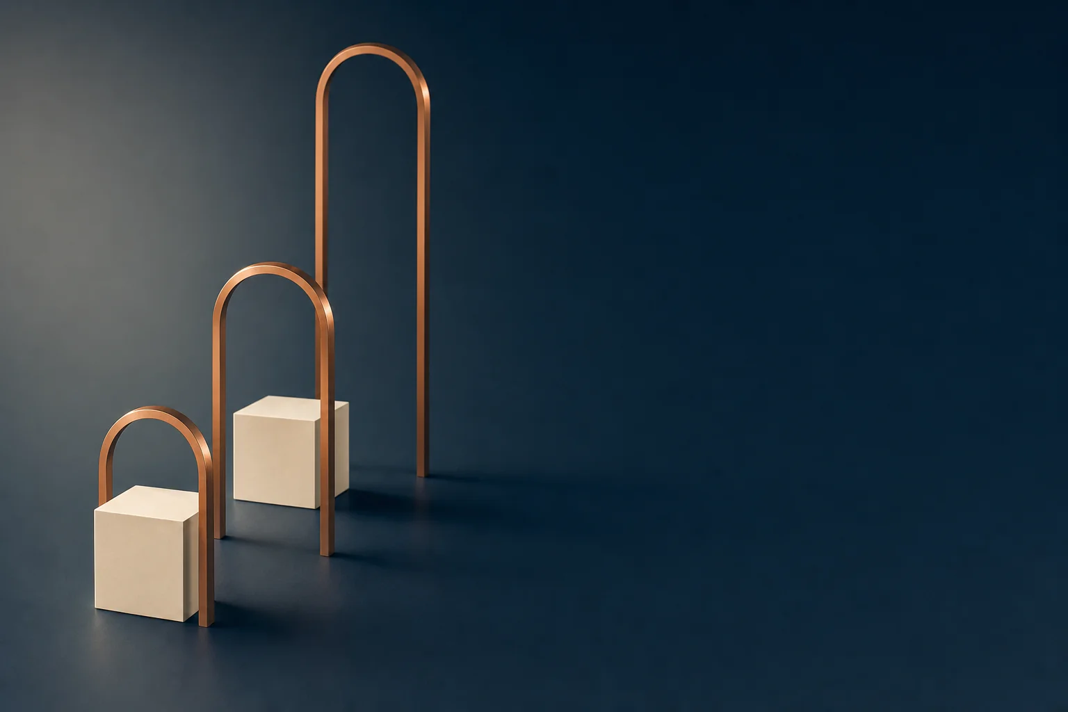 Two plain ivory cubes on a navy floor, each under a slim copper archway, with a third taller archway standing empty