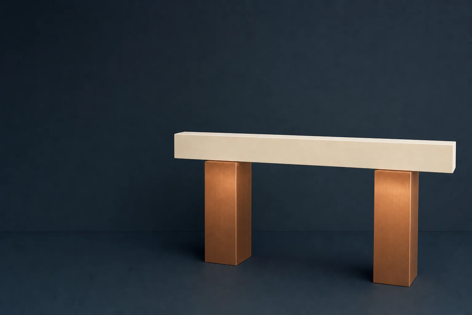 A plain ivory beam resting across two brushed copper supports of equal height on a navy floor