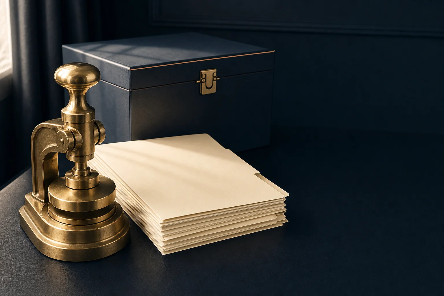 A polished brass document seal press beside a stack of blank ivory folders on a navy desk