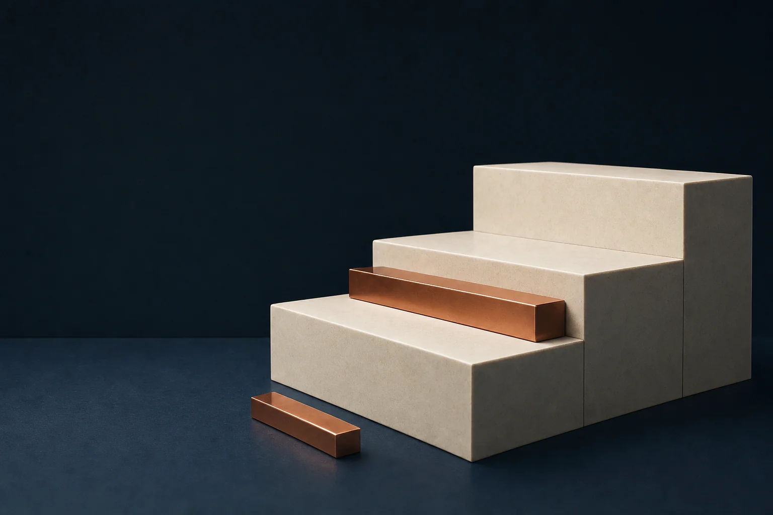 Three blank ivory steps rising from a navy floor, a long polished copper bar lying across the lowest tread and a shorter copper bar on the floor in front