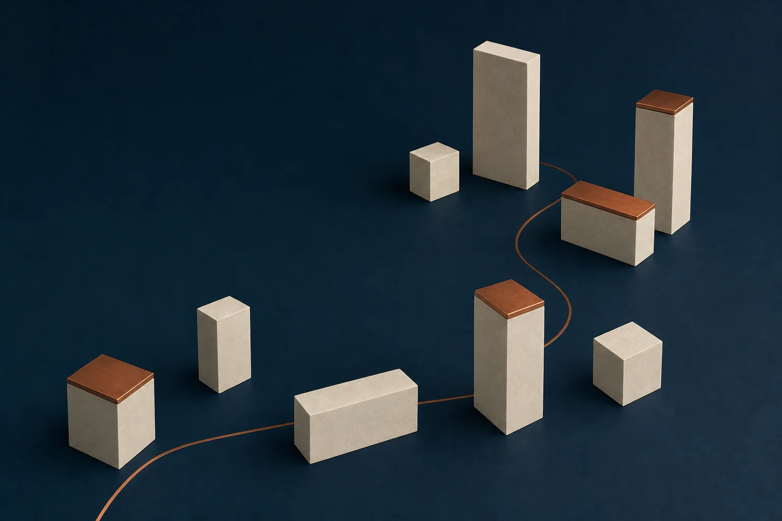 Nine blank ivory blocks of varying size spaced across a dark navy floor, four capped with copper and linked by a thin copper line