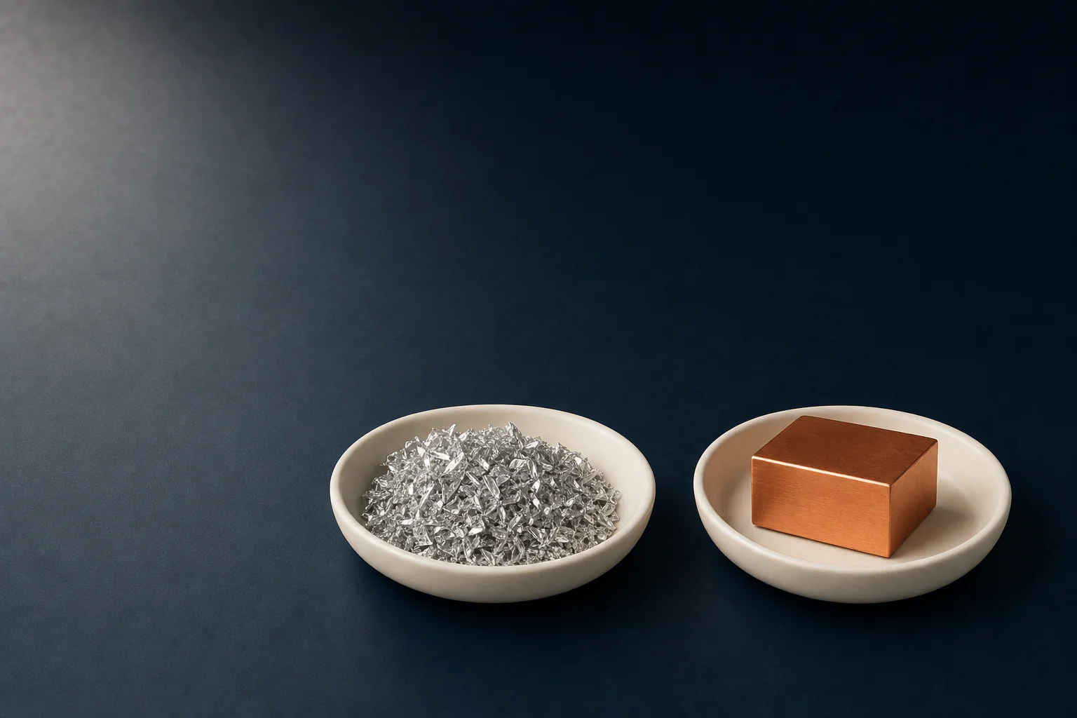 Two plain ivory dishes on a navy surface, one holding bright shredded aluminum fragments and the other a solid copper toned block