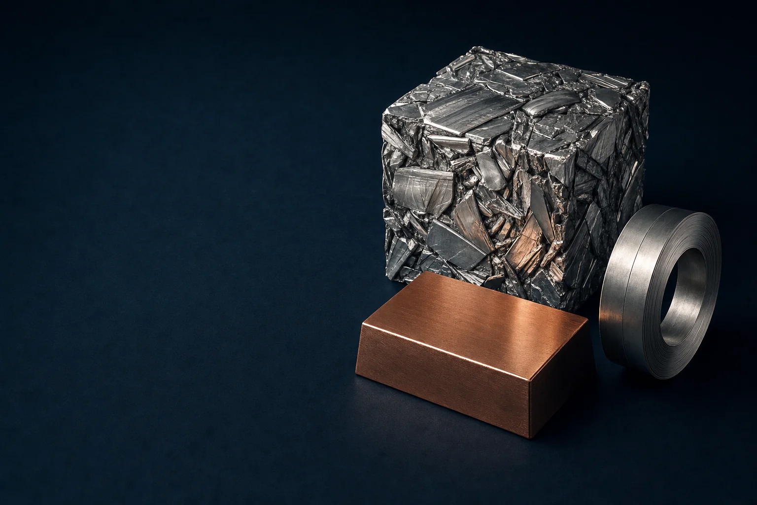Crushed aluminum scrap beside a freshly cast ingot and a coil end on a dark navy surface.