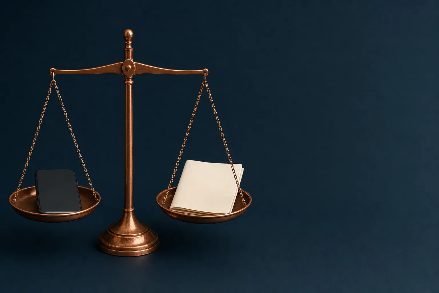 A small copper balance scale on navy holding a dark smartphone on one pan and a folded blank document on the other