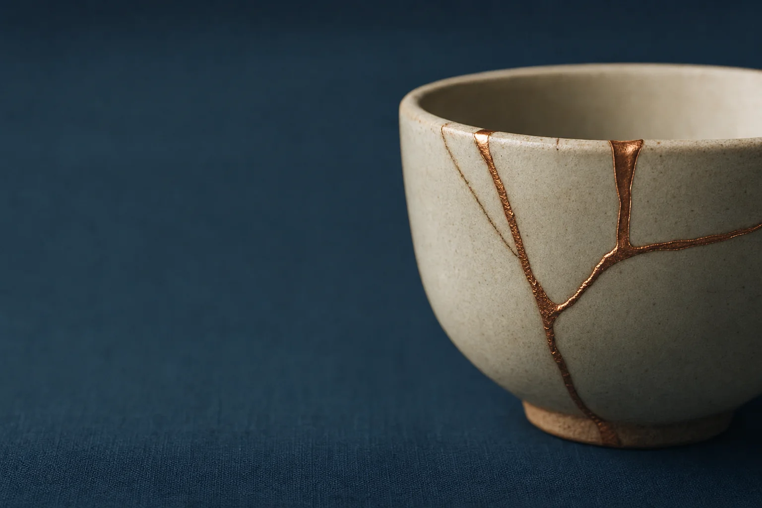 A warm ivory cup repaired with a visible copper seam on navy linen