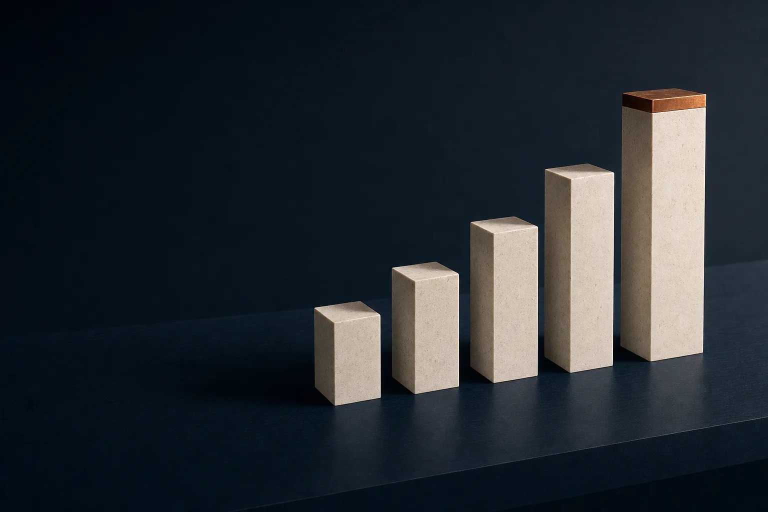 Five ivory stone blocks of increasing height in a row on a dark navy table, the tallest capped with copper