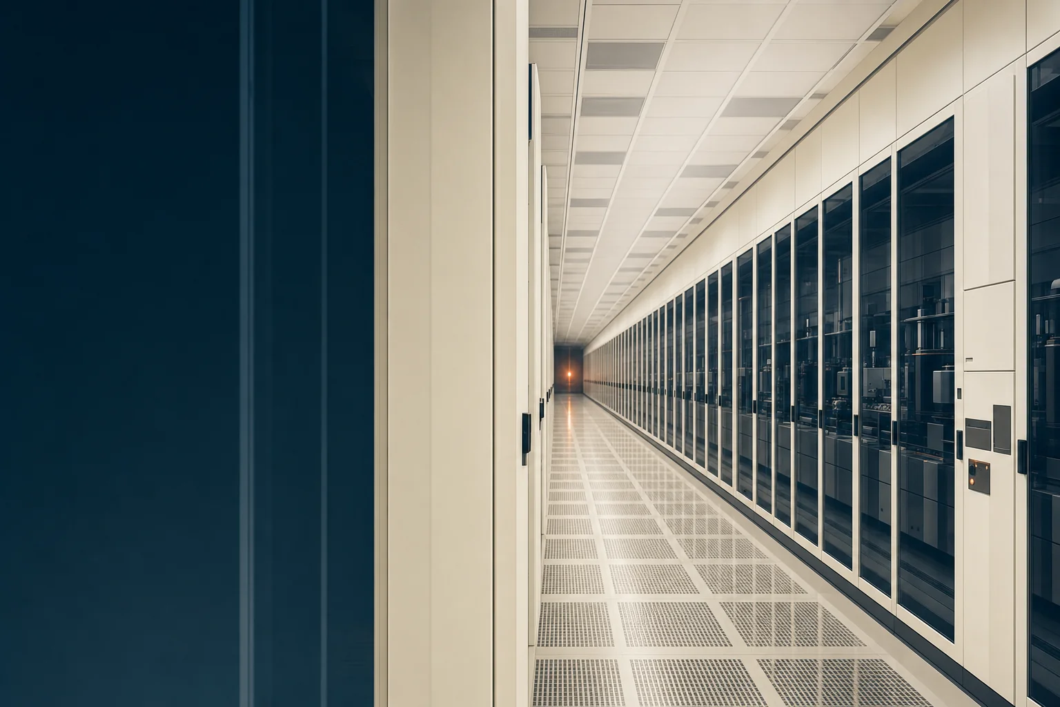 A cleanroom corridor with rows of process equipment bays receding toward a single warm status lamp