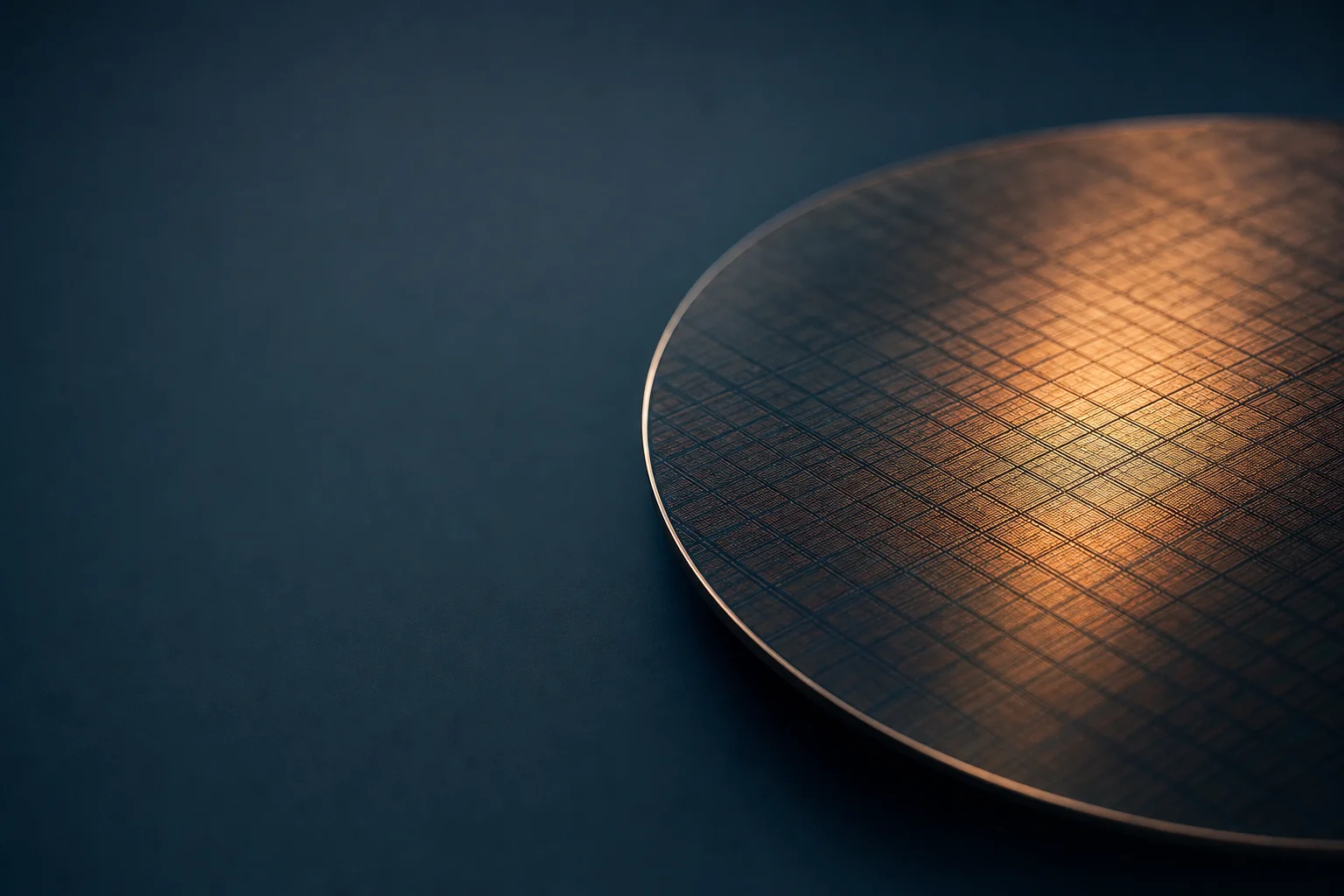 A single silicon wafer on a dark surface, its die grid catching a band of warm light