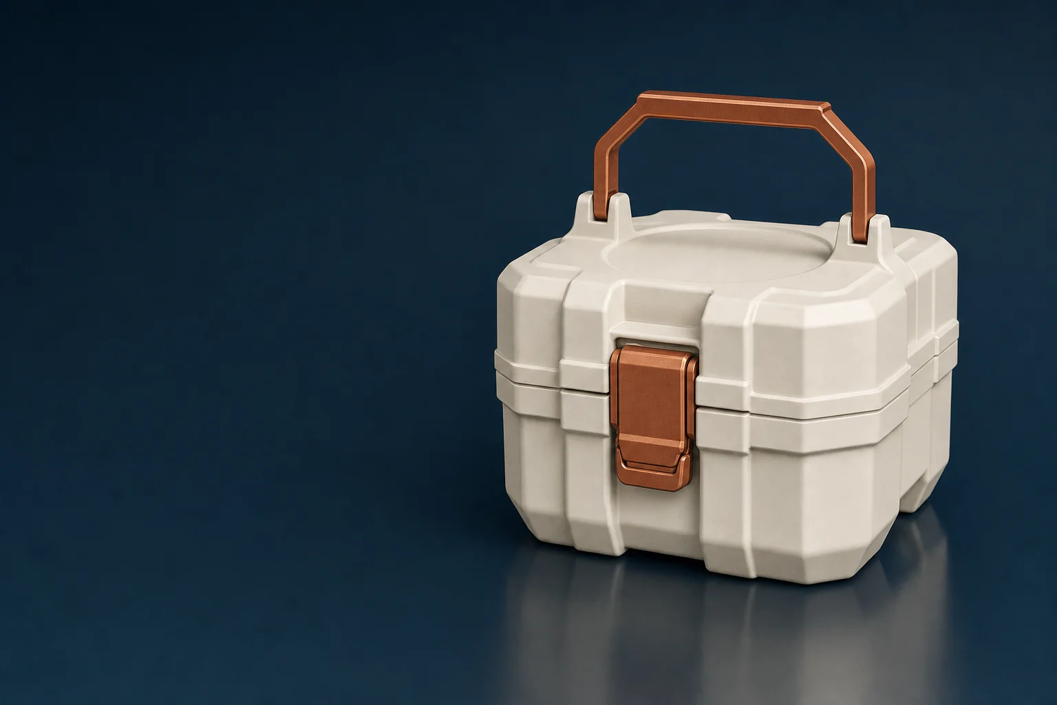 A sealed ivory wafer carrier pod with a copper latch and handle on a navy surface