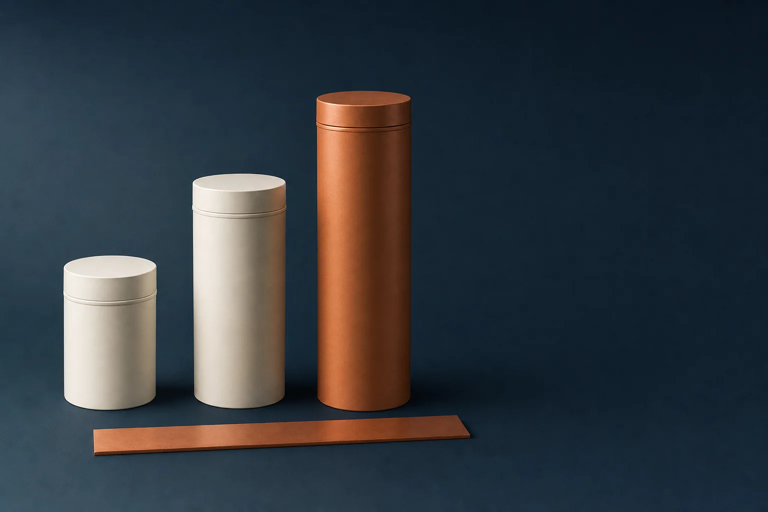 Three unmarked sealed process canisters of increasing height, the tallest in copper, beside a plain copper straightedge on a navy surface