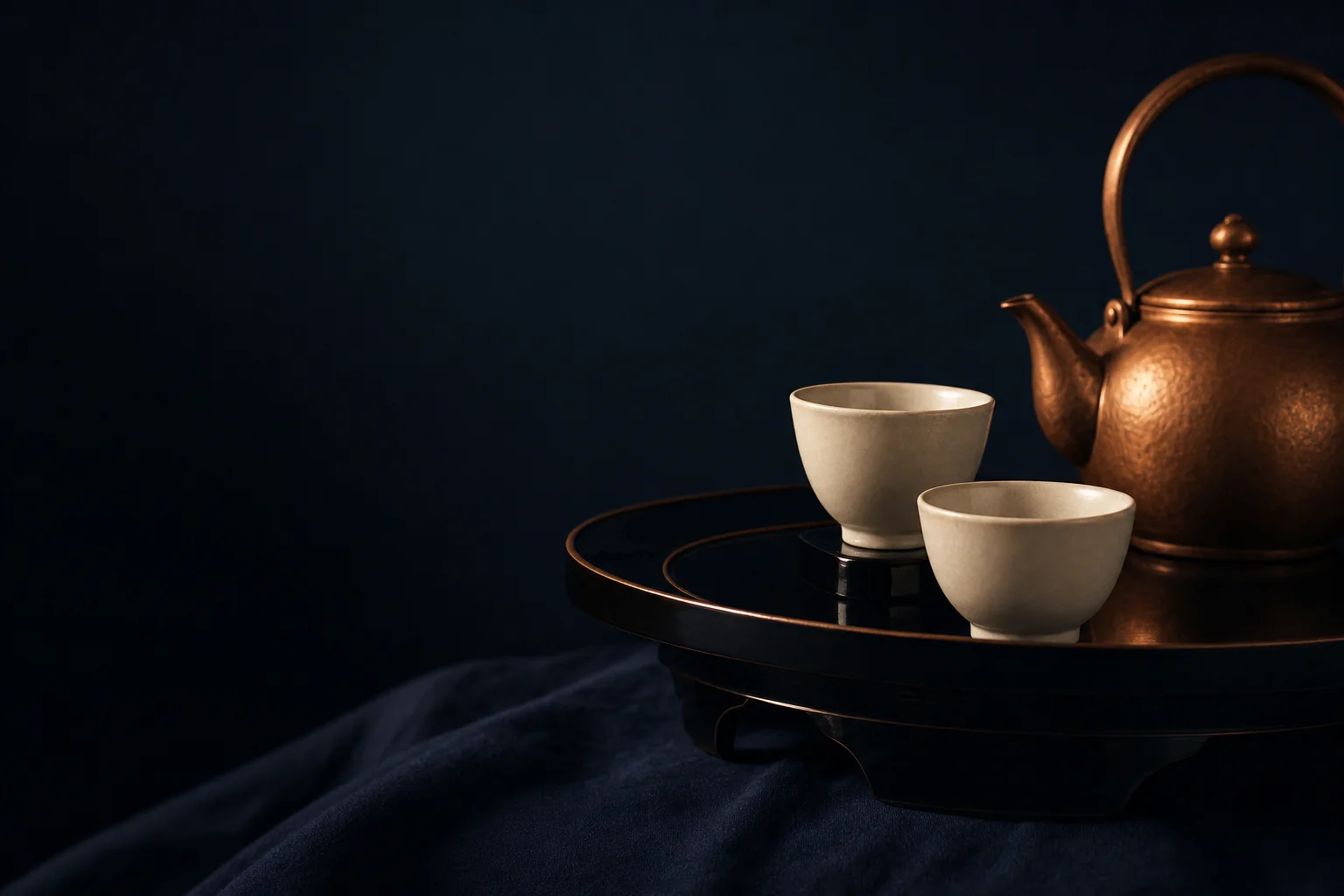 Two ceramic cups on a lacquer tray, one placed slightly ahead of the other